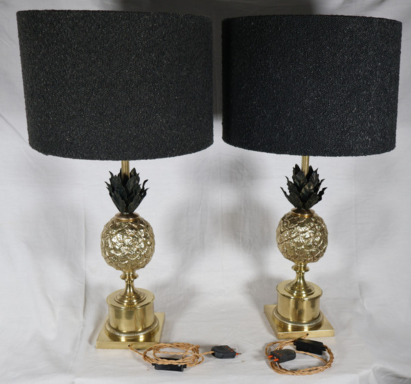 Paire de lampes ananas en bronze doré années 70 