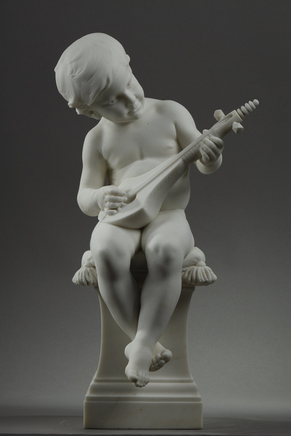 Der kleine Musiker, Große Skulptur aus Carrara-Marmor, signiert von Barrias