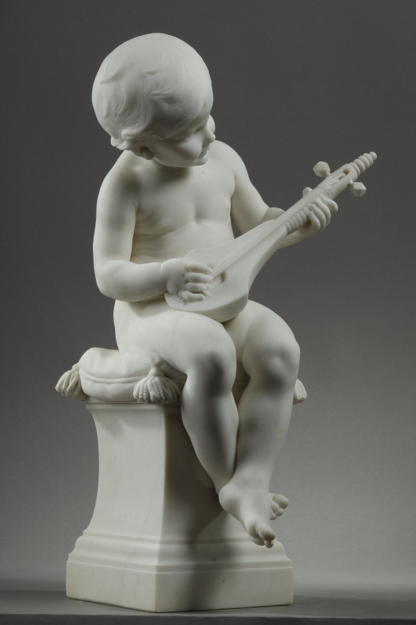 Der kleine Musiker, Große Skulptur aus Carrara-Marmor, signiert von Barrias