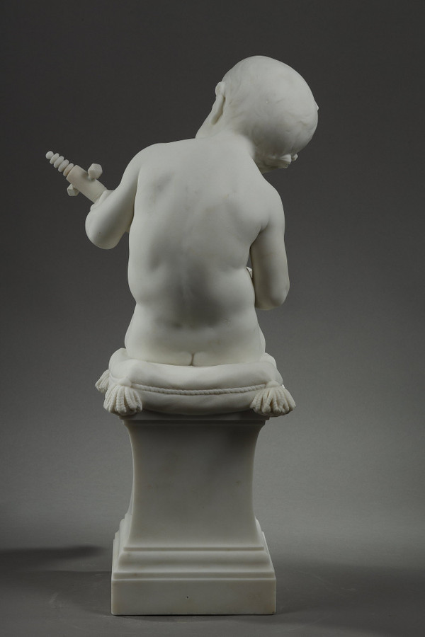 Der kleine Musiker, Große Skulptur aus Carrara-Marmor, signiert von Barrias