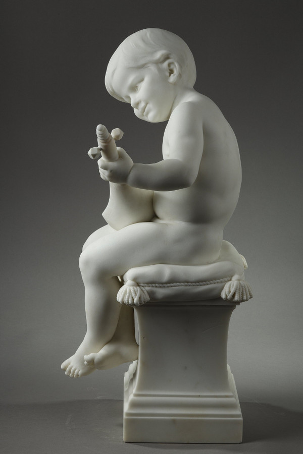Der kleine Musiker, Große Skulptur aus Carrara-Marmor, signiert von Barrias