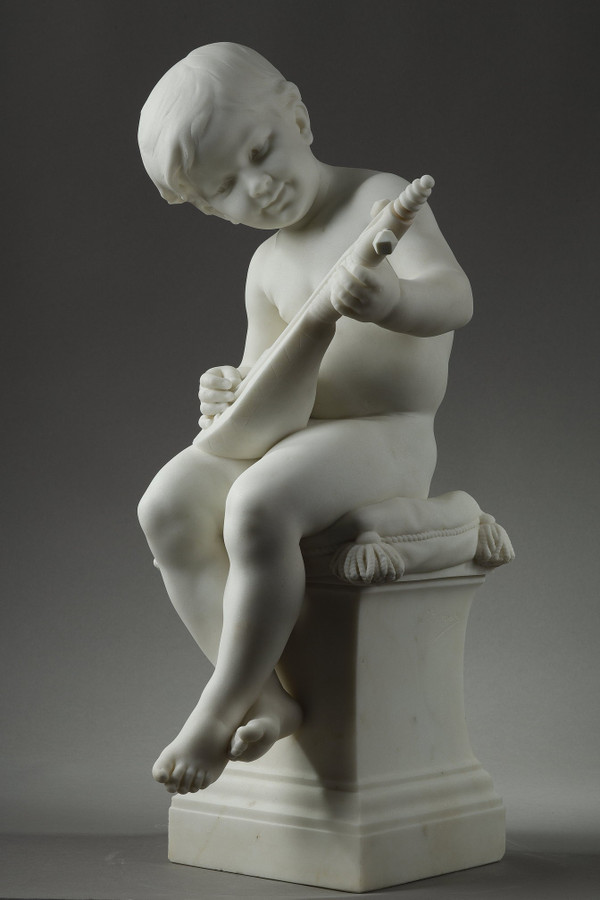 Der kleine Musiker, Große Skulptur aus Carrara-Marmor, signiert von Barrias