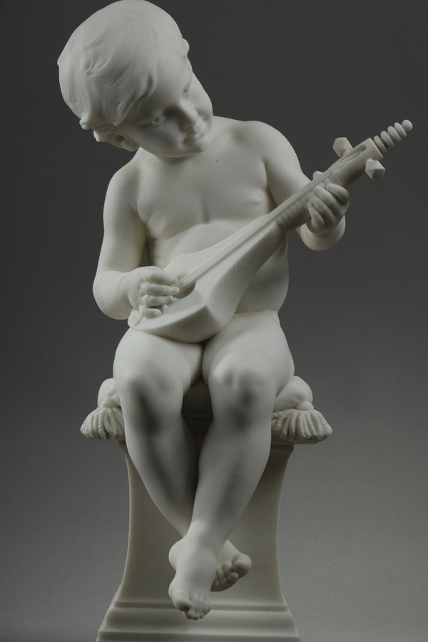 Der kleine Musiker, Große Skulptur aus Carrara-Marmor, signiert von Barrias