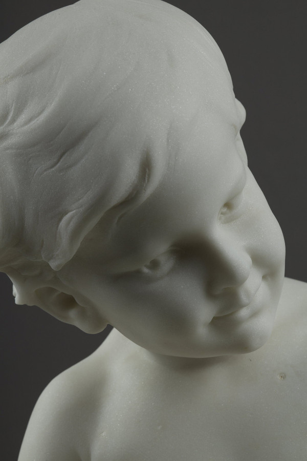 Der kleine Musiker, Große Skulptur aus Carrara-Marmor, signiert von Barrias