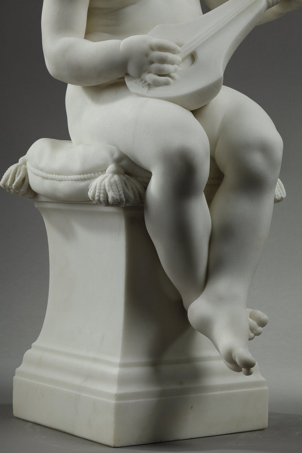 Der kleine Musiker, Große Skulptur aus Carrara-Marmor, signiert von Barrias