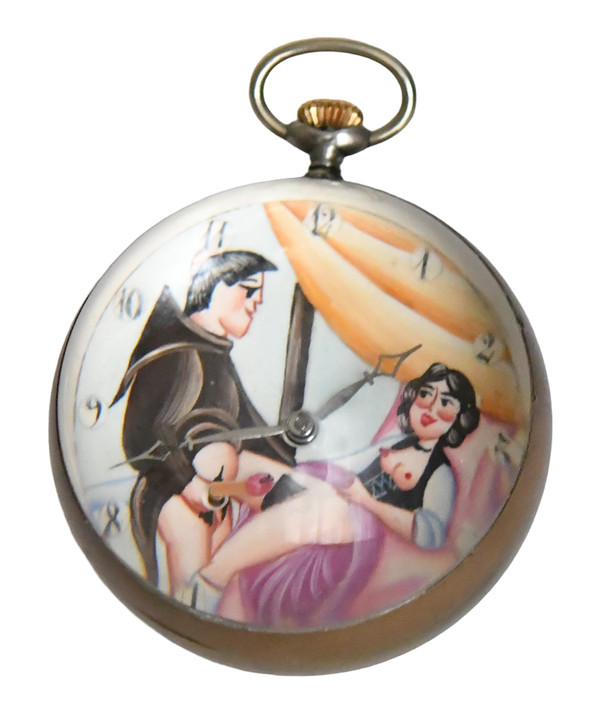 Ball-shaped glass desk clock with erotic decoration