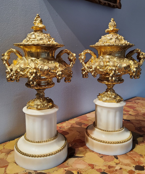 Pair of Cassolette Vases in Gilded Ciselated Bronzes with Pampers and Vines 19th century