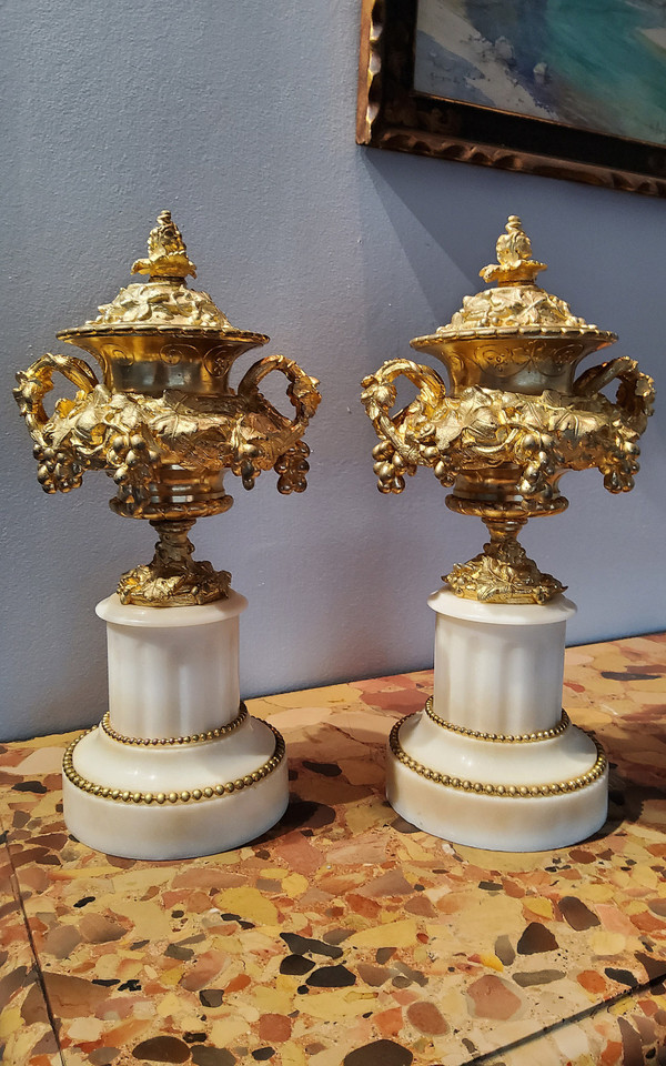 Pair of Cassolette Vases in Gilded Ciselated Bronzes with Pampers and Vines 19th century