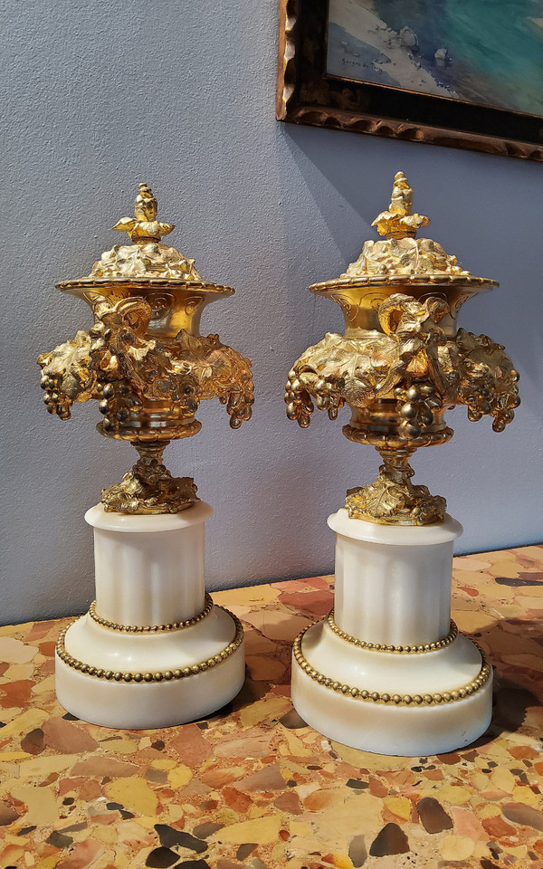 Pair of Cassolette Vases in Gilded Ciselated Bronzes with Pampers and Vines 19th century