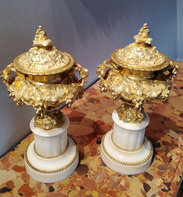 Pair of Cassolette Vases in Gilded Ciselated Bronzes with Pampers and Vines 19th century