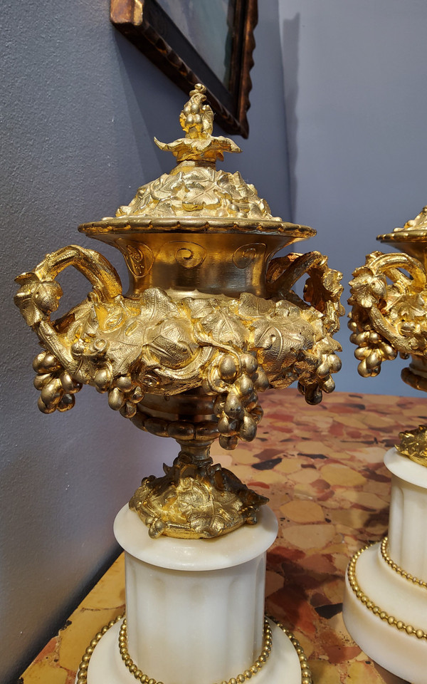 Pair of Cassolette Vases in Gilded Ciselated Bronzes with Pampers and Vines 19th century