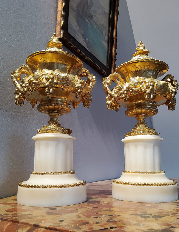Pair of Cassolette Vases in Gilded Ciselated Bronzes with Pampers and Vines 19th century