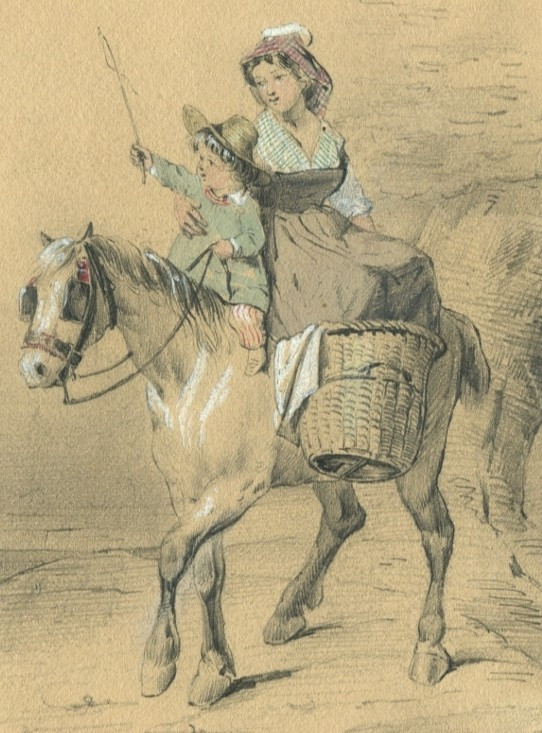Mère et enfant à dos de cheval - Dessin original ancien