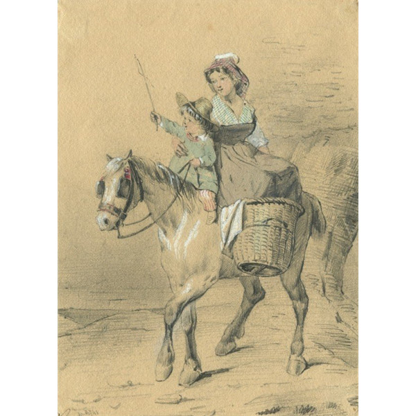 Mère et enfant à dos de cheval - Dessin original ancien