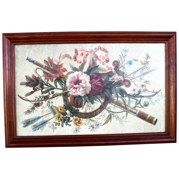 Blumenstrauß mit Musikinstrumenten Öl auf Leinwand im Louis-XVI-Stil 19.