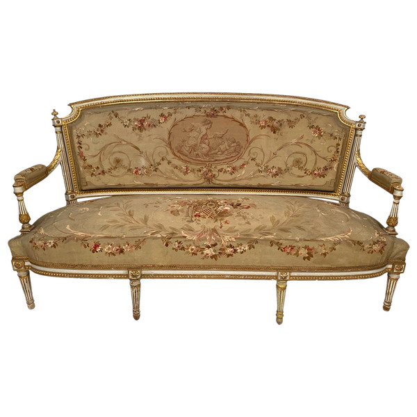 Louis XVI style bench seat, white lacquered and gilded wood, upholstered with tapestry