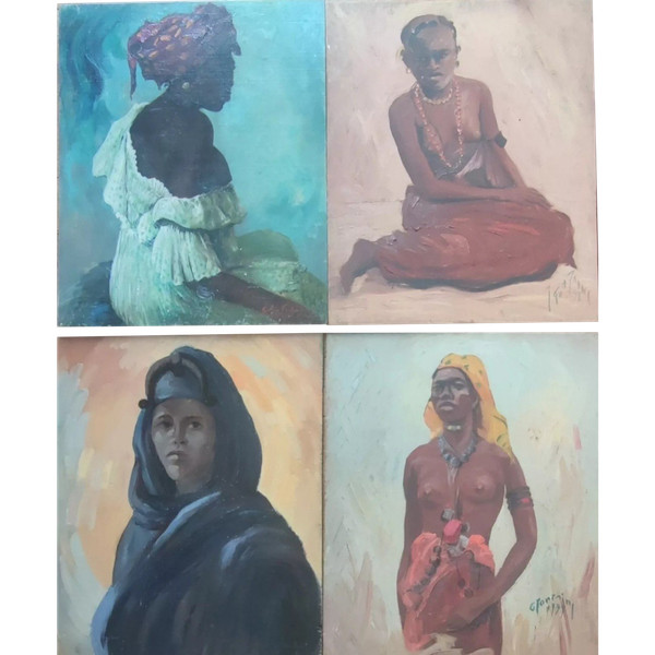 Alte Gemälde/Bilder Auf Holz Porträts afrikanischer Frauen.  Signiert von Gaston Fontaine