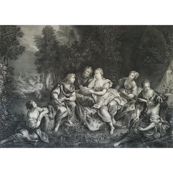 Etching Telemachus And Calypso Mythological Engraving By Beauvarlet 18th C Old Plint