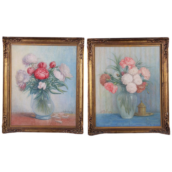 Paire d’aquarelles, bouquet de fleurs, signé : Dallaire, vers 1900