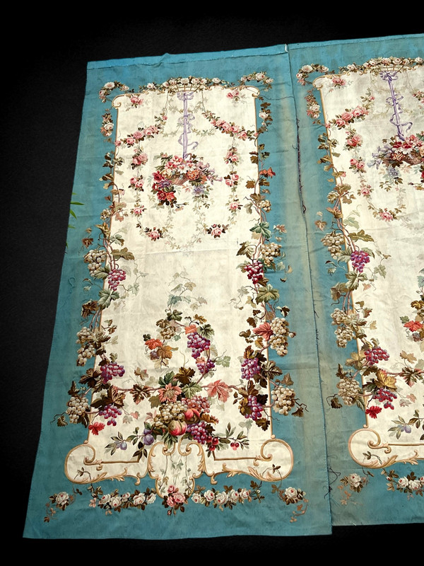 PAIR OF EARLY 19TH CENTURY HAND-WOVEN AUBUSSON TAPESTRIES WITH FLORAL DECORATION