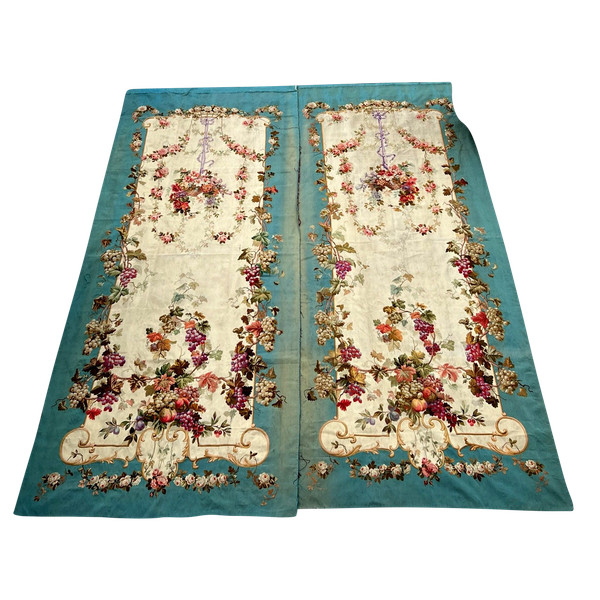 PAIR OF EARLY 19TH CENTURY HAND-WOVEN AUBUSSON TAPESTRIES WITH FLORAL DECORATION