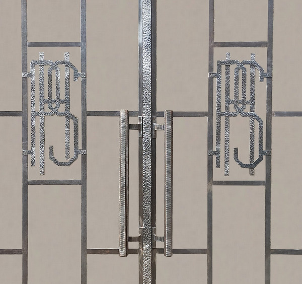 Two Exceptional Art Deco Period Arched Bay Windows in Hammered and Chiseled Wrought Iron