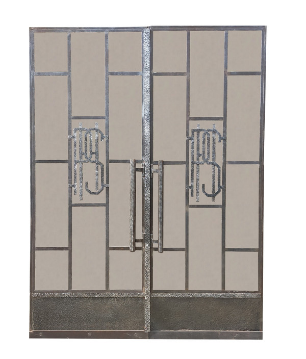 Two Exceptional Art Deco Period Arched Bay Windows in Hammered and Chiseled Wrought Iron