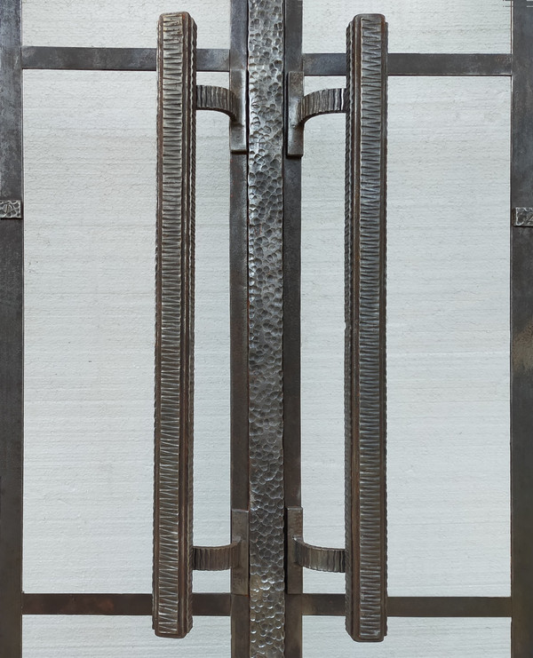 Two Exceptional Art Deco Period Arched Bay Windows in Hammered and Chiseled Wrought Iron
