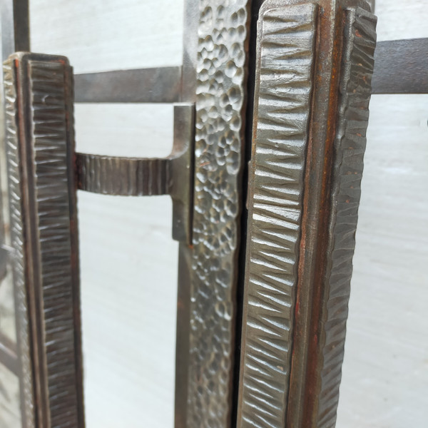 Two Exceptional Art Deco Period Arched Bay Windows in Hammered and Chiseled Wrought Iron