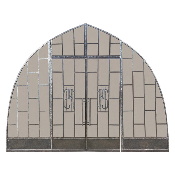 Two Exceptional Art Deco Period Arched Bay Windows in Hammered and Chiseled Wrought Iron