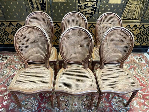 Set di 6 sedie a medaglione in stile Luigi XVI in canna di fucile