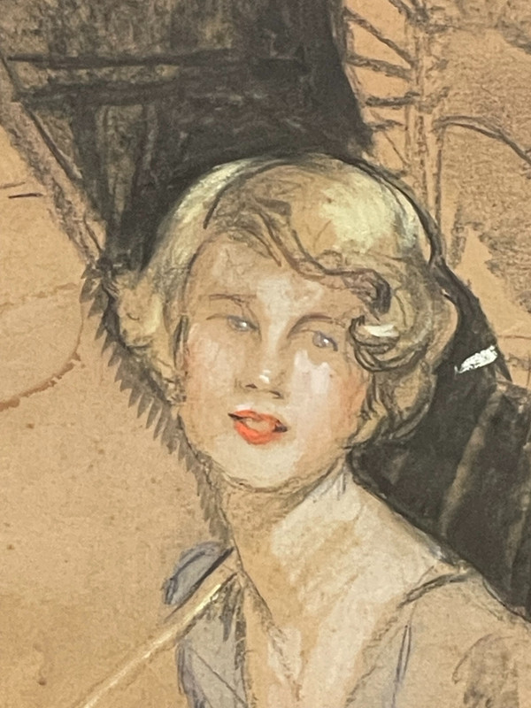 Jean – Gabriel DOMERGUE (1889 – 1962), “Elegante con parasole e cane”