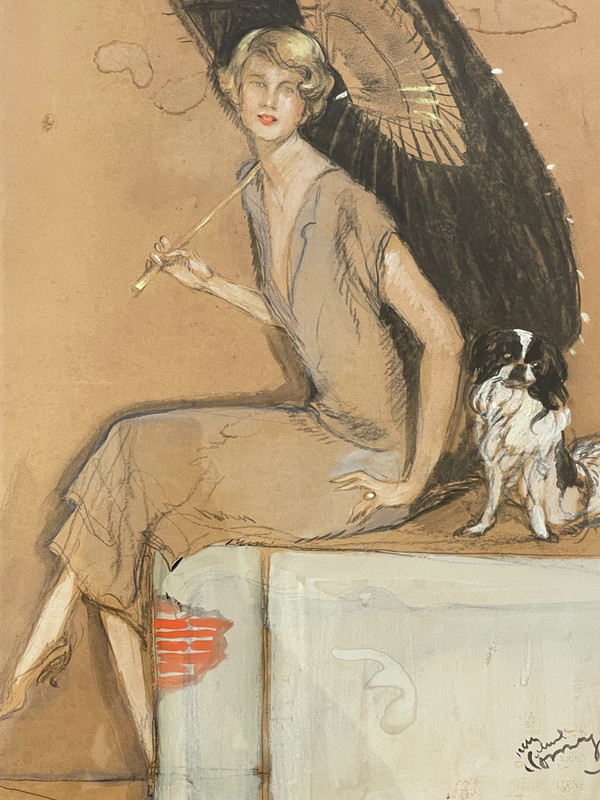 Jean – Gabriel DOMERGUE (1889 – 1962), “Elegante con parasole e cane”