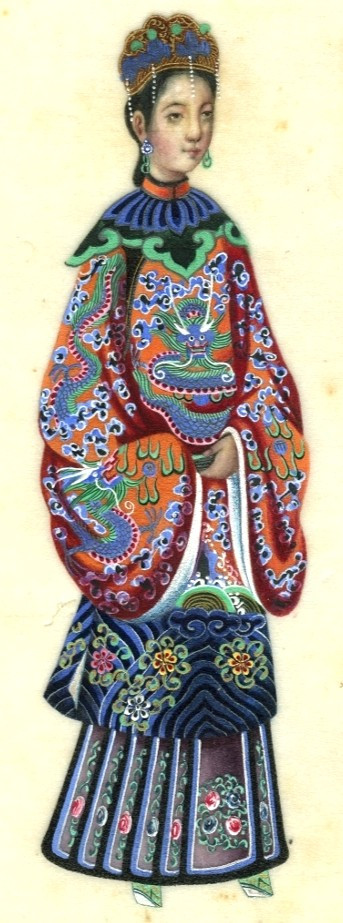 École chinoise XIXème Femme en costume traditionnel - Dessin original ancien
