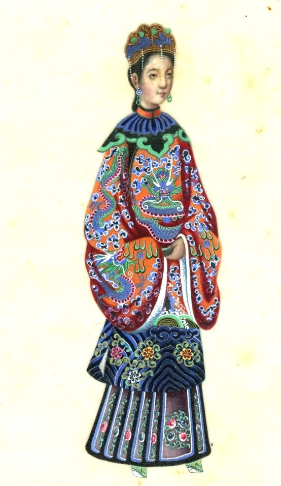 École chinoise XIXème Femme en costume traditionnel - Dessin original ancien