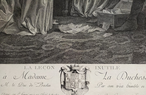Gravure Romantique 18ème La Leçon Inutile Gravé Par Helman d'Après Leprince