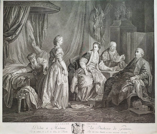Gravure Romantique 18ème La Leçon Inutile Gravé Par Helman d'Après Leprince