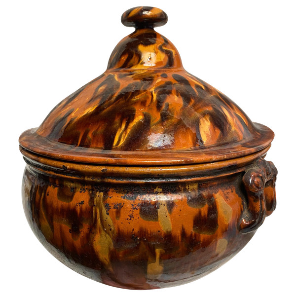 beautiful late 18th century tureen in marbled glazed earthenware, Louis XV style, ochre & brown, Provençal