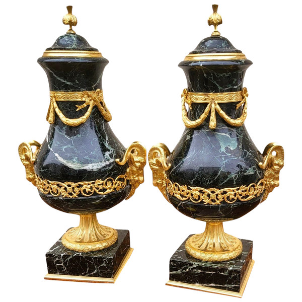 Pair of Marble and Bronze Cassolettes, 19th Century