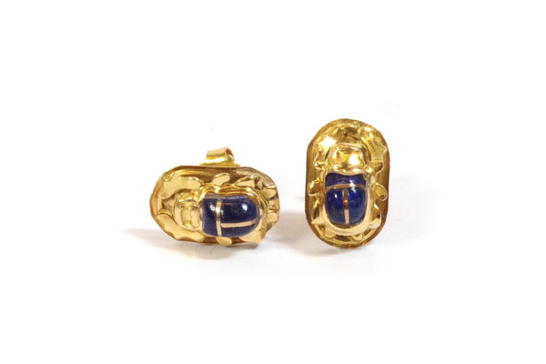 Orecchini a bottone con scarabeo egiziano in oro 18k, pulci auricolari vintage, lapislazzuli, insetto