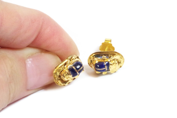 Orecchini a bottone con scarabeo egiziano in oro 18k, pulci auricolari vintage, lapislazzuli, insetto