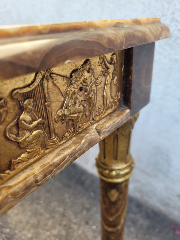 Table En Onyx Et Bronze, Pieds Escamotables, Napoléon III, XIXème Siècle