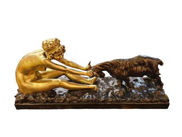 Affortunato Gory Grande Bronzo Art Deco "Giovane Ragazza e Capra"