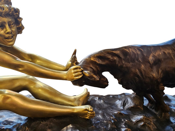 Affortunato Gory Grande Bronzo Art Deco "Giovane Ragazza e Capra"