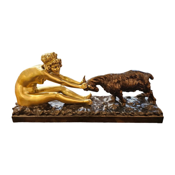 Affortunato Gory Grande Bronzo Art Deco "Giovane Ragazza e Capra"