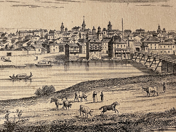 Old engraving view of Roanne in 1650 by Noirot 1869