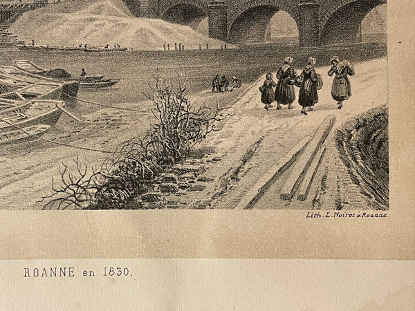 Old engraving view of Roanne in 1650 by Noirot 1869