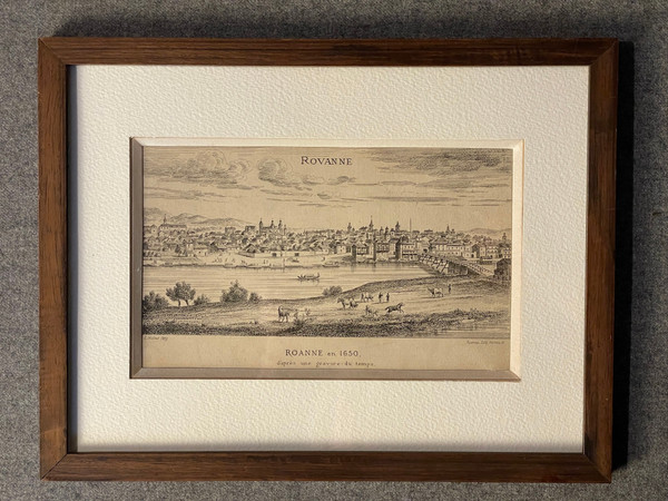 Old engraving view of Roanne in 1650 by Noirot 1869