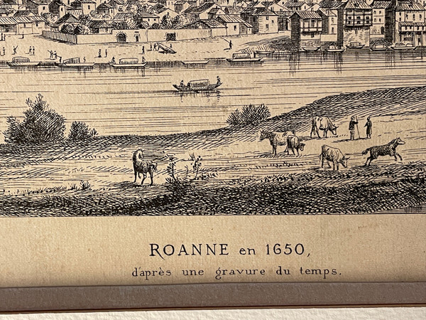 Old engraving view of Roanne in 1650 by Noirot 1869