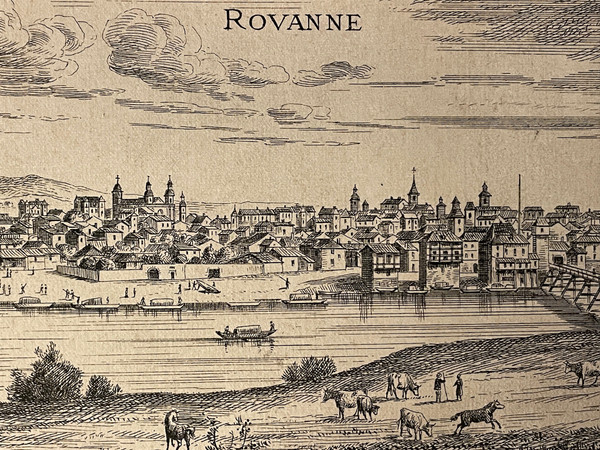 Old engraving view of Roanne in 1650 by Noirot 1869